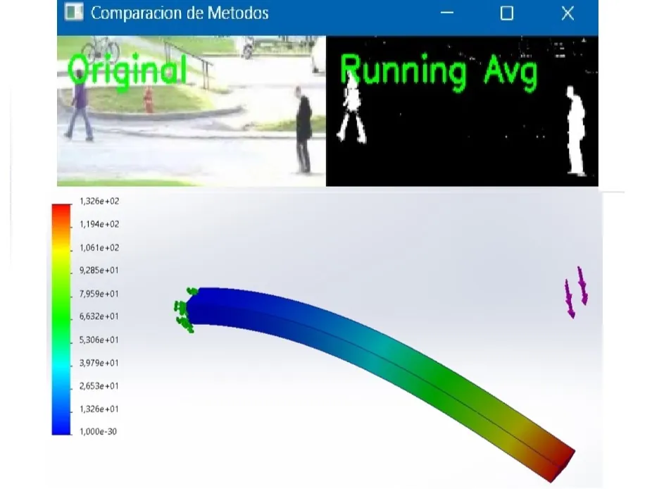 Computer vision pedestrian-detection comparison alongside a SolidWorks structural stress simulation from AGH coursework