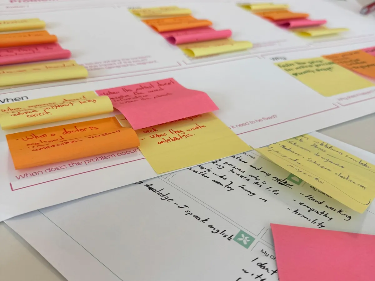 Problem-definition worksheets and sticky notes from the T-Medic ideation process at StartUB!
