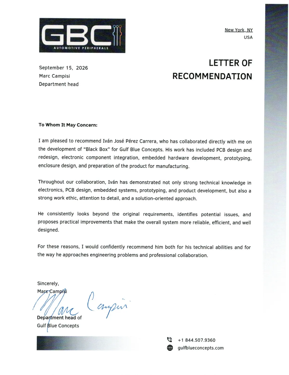 Letter of recommendation from Marc Campisi, Department Head at Gulf Blue Concepts